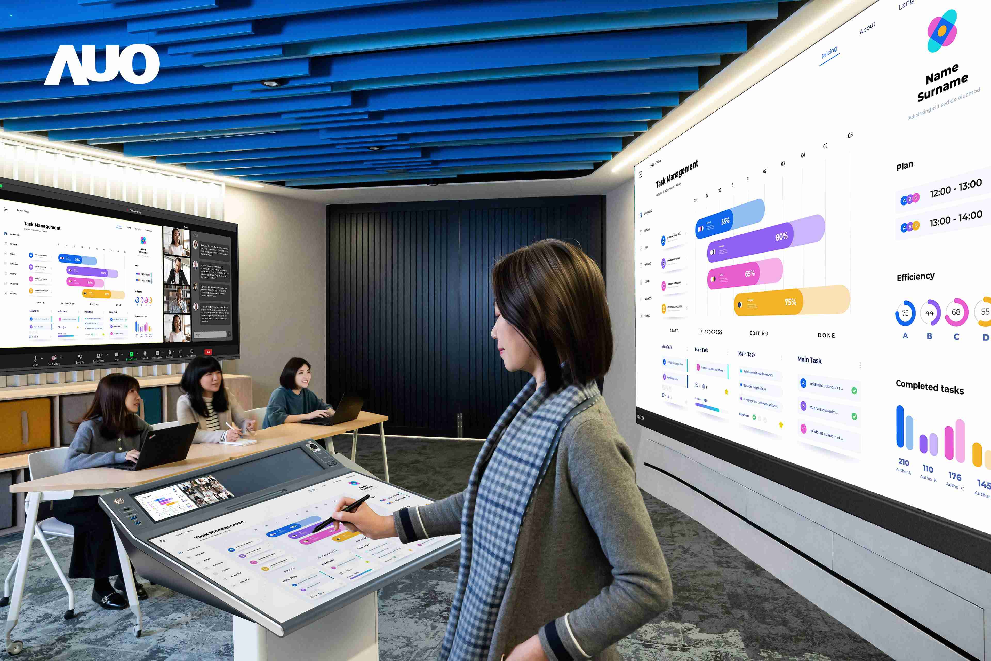 达擎携手Avocor与Rise Vision展示全方位商务领域应用，，，包含采用模块化设计的138吋一体式All-in-One LED显示器及具21:9超宽比例的92吋交互式电子白板（IFPD），，，，讲者可轻松分享内容，，，，有效提升会议协作效率。。